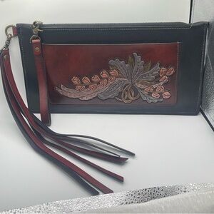 Allred Leather Company: Genuine Leather Hand Tooled Wristlet Clutch Bag w/Tassel